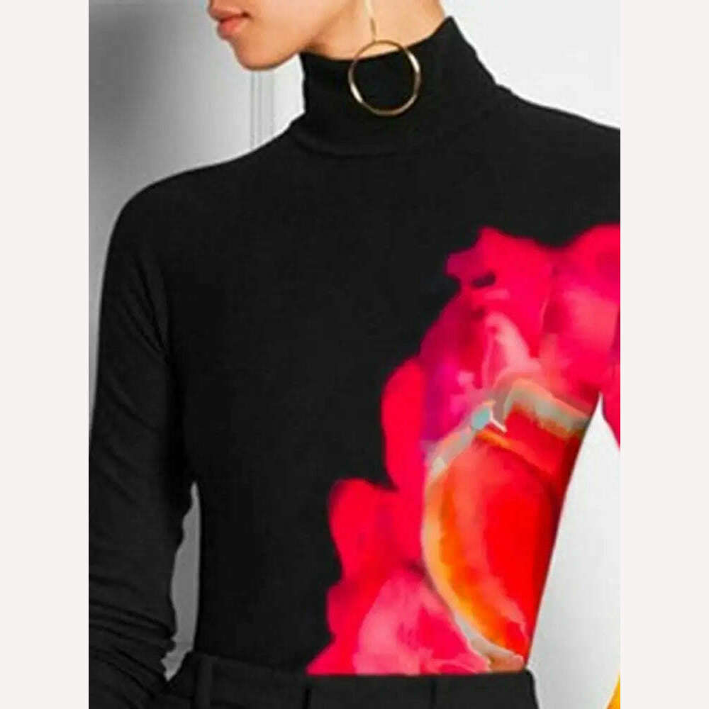 Yeezzi Women Spring Autumn Long Sleeves T-Shirts 2023 New Fashion Contrast Color Printed High Neck Casual Office Skinny Tops - KIMLUD