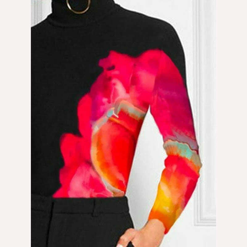 Yeezzi Women Spring Autumn Long Sleeves T-Shirts 2023 New Fashion Contrast Color Printed High Neck Casual Office Skinny Tops - KIMLUD