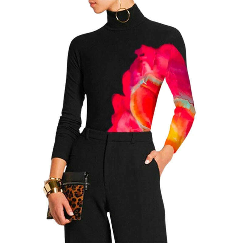 Yeezzi Women Spring Autumn Long Sleeves T-Shirts 2023 New Fashion Contrast Color Printed High Neck Casual Office Skinny Tops - KIMLUD