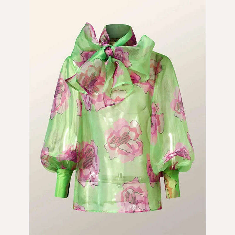 Yeezzi Women Stylish Bow-Embellished Floral Printed See-Through Stand Collar Blouses 2023 Summer Loose Puff Sleeves Shirts Tops - KIMLUD