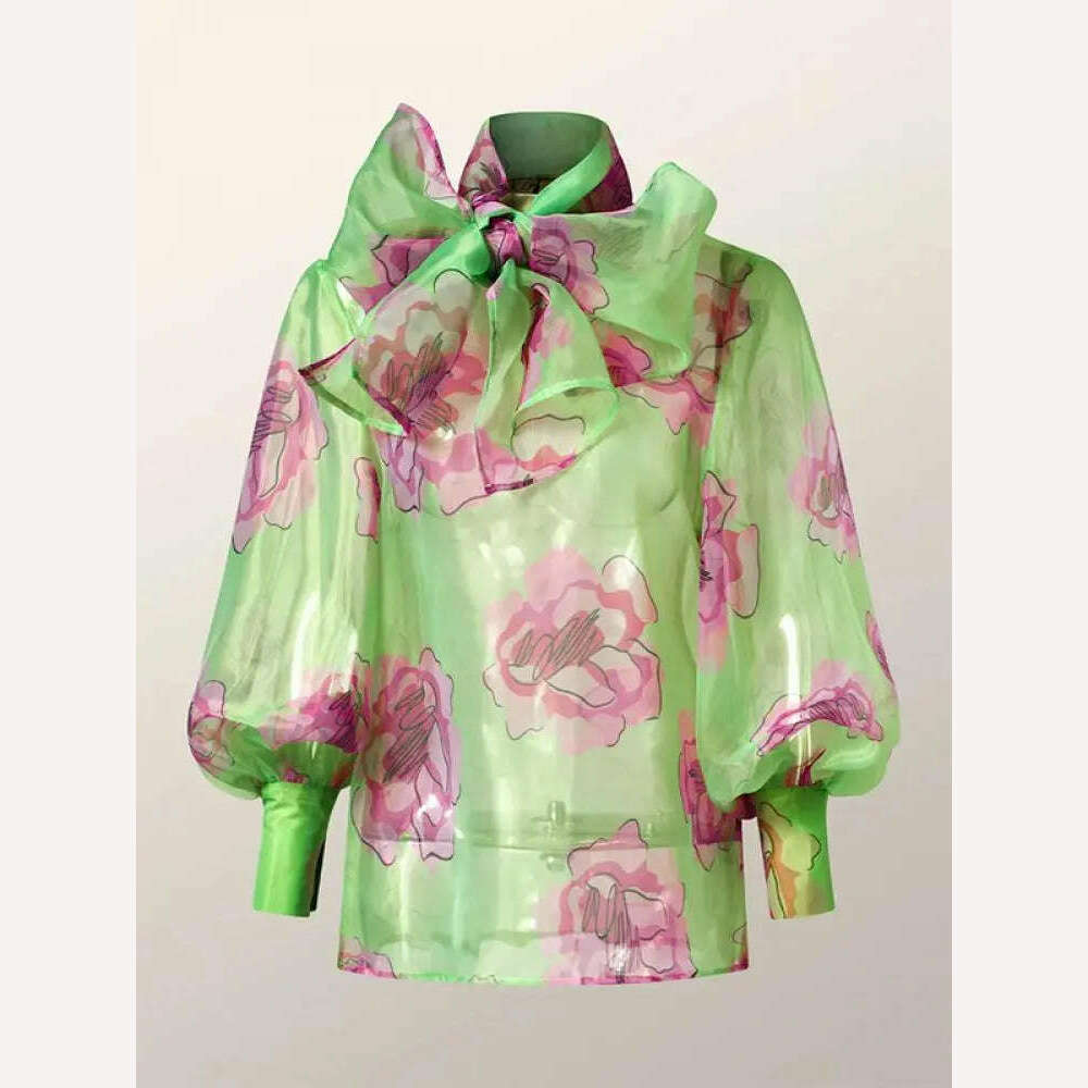 Yeezzi Women Stylish Bow-Embellished Floral Printed See-Through Stand Collar Blouses 2023 Summer Loose Puff Sleeves Shirts Tops - KIMLUD