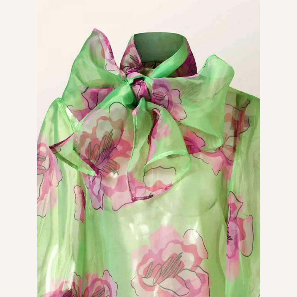 Yeezzi Women Stylish Bow-Embellished Floral Printed See-Through Stand Collar Blouses 2023 Summer Loose Puff Sleeves Shirts Tops - KIMLUD