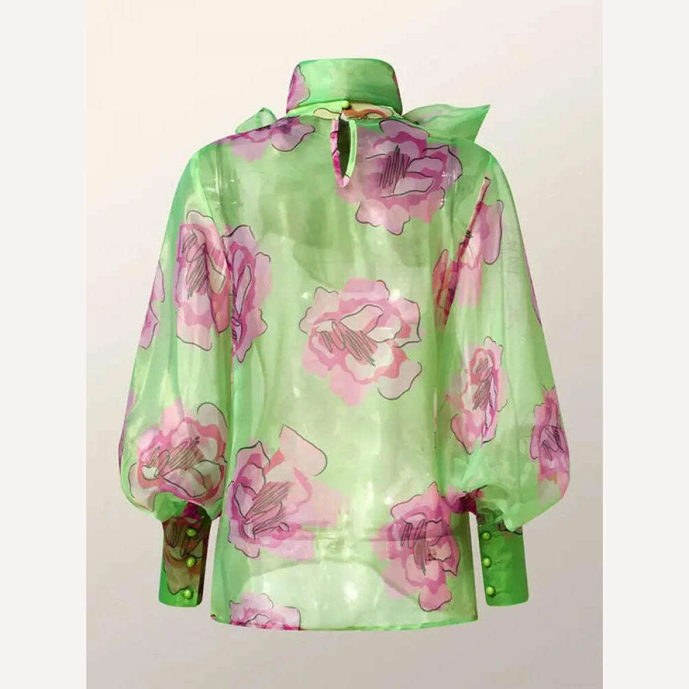 Yeezzi Women Stylish Bow-Embellished Floral Printed See-Through Stand Collar Blouses 2023 Summer Loose Puff Sleeves Shirts Tops - KIMLUD