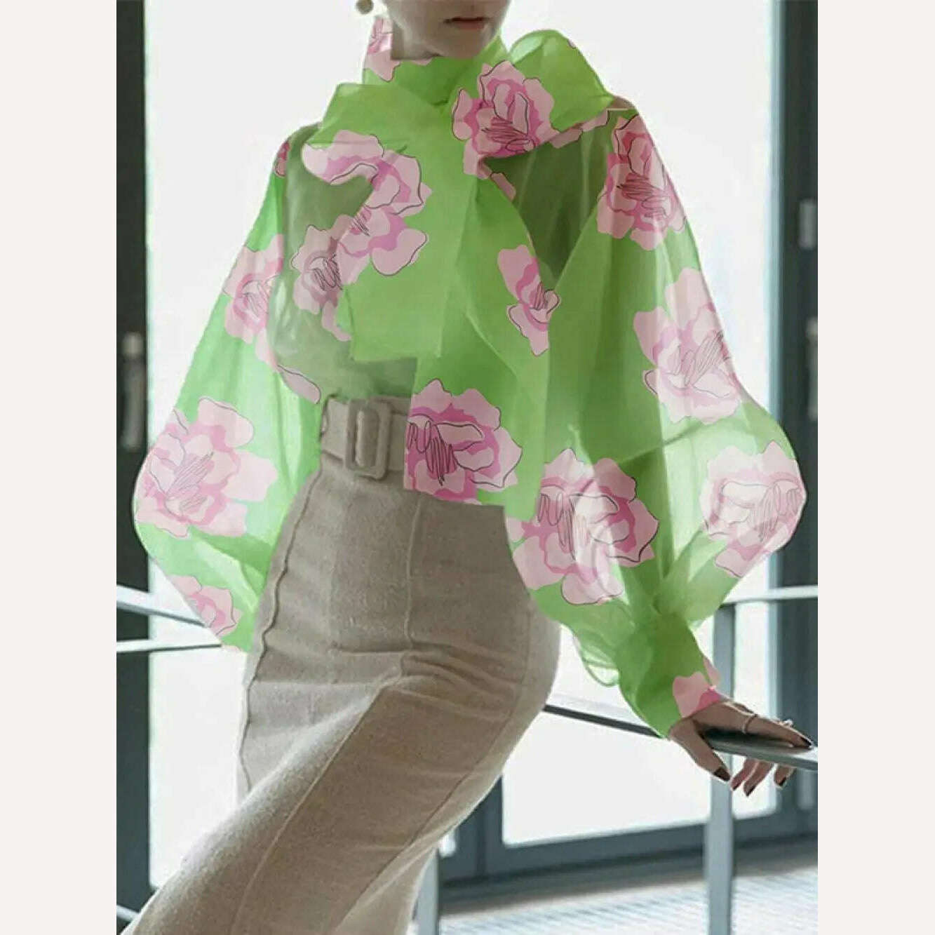 Yeezzi Women Stylish Bow-Embellished Floral Printed See-Through Stand Collar Blouses 2023 Summer Loose Puff Sleeves Shirts Tops, KIMLUD Women's Clothes
