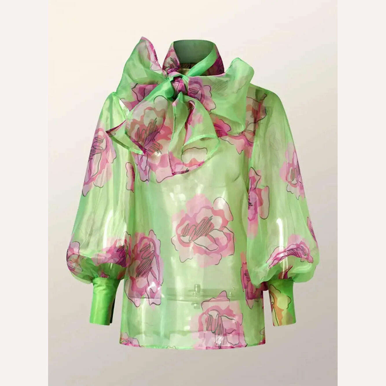 Yeezzi Women Stylish Bow-Embellished Floral Printed See-Through Stand Collar Blouses 2023 Summer Loose Puff Sleeves Shirts Tops - KIMLUD