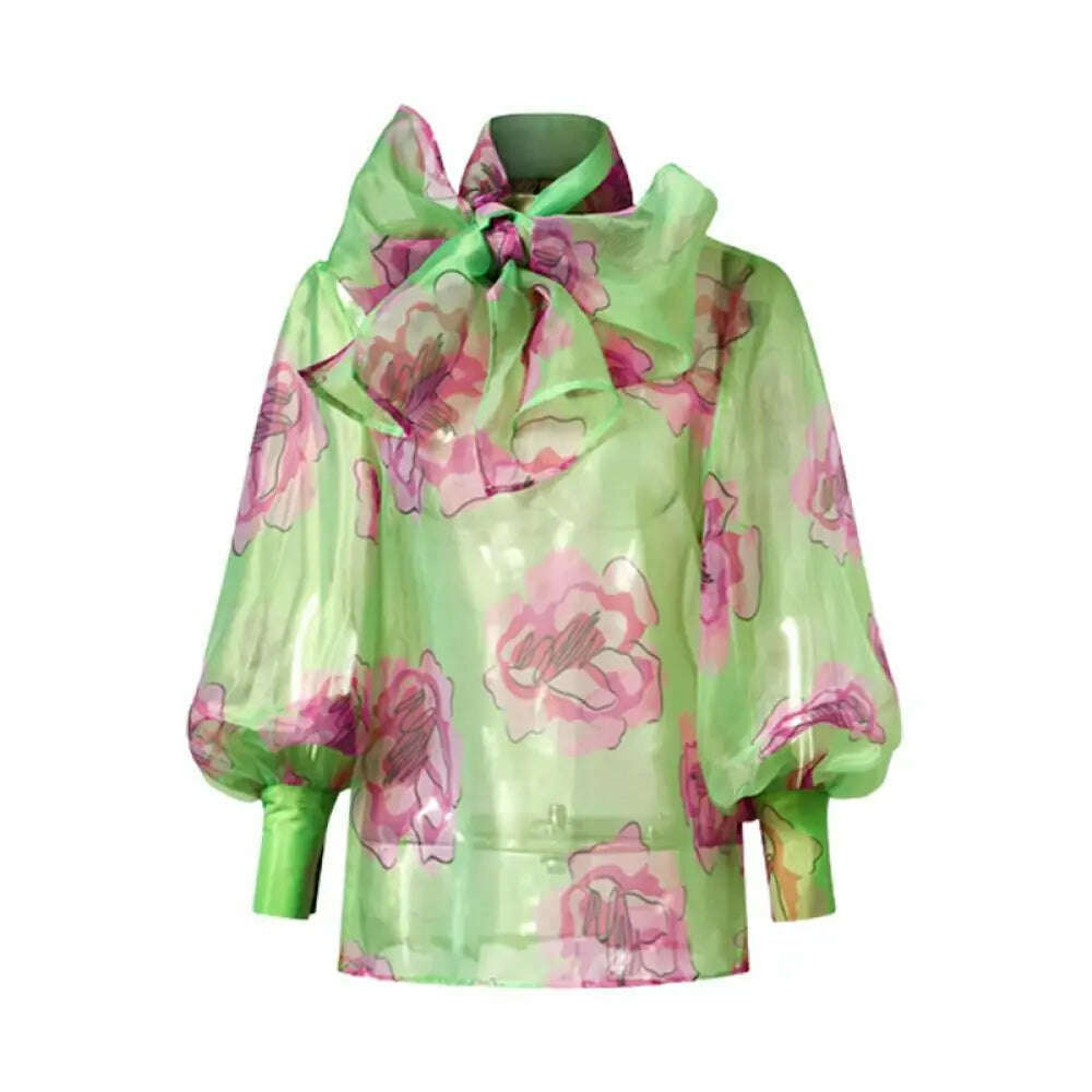 Yeezzi Women Stylish Bow-Embellished Floral Printed See-Through Stand Collar Blouses 2023 Summer Loose Puff Sleeves Shirts Tops - KIMLUD