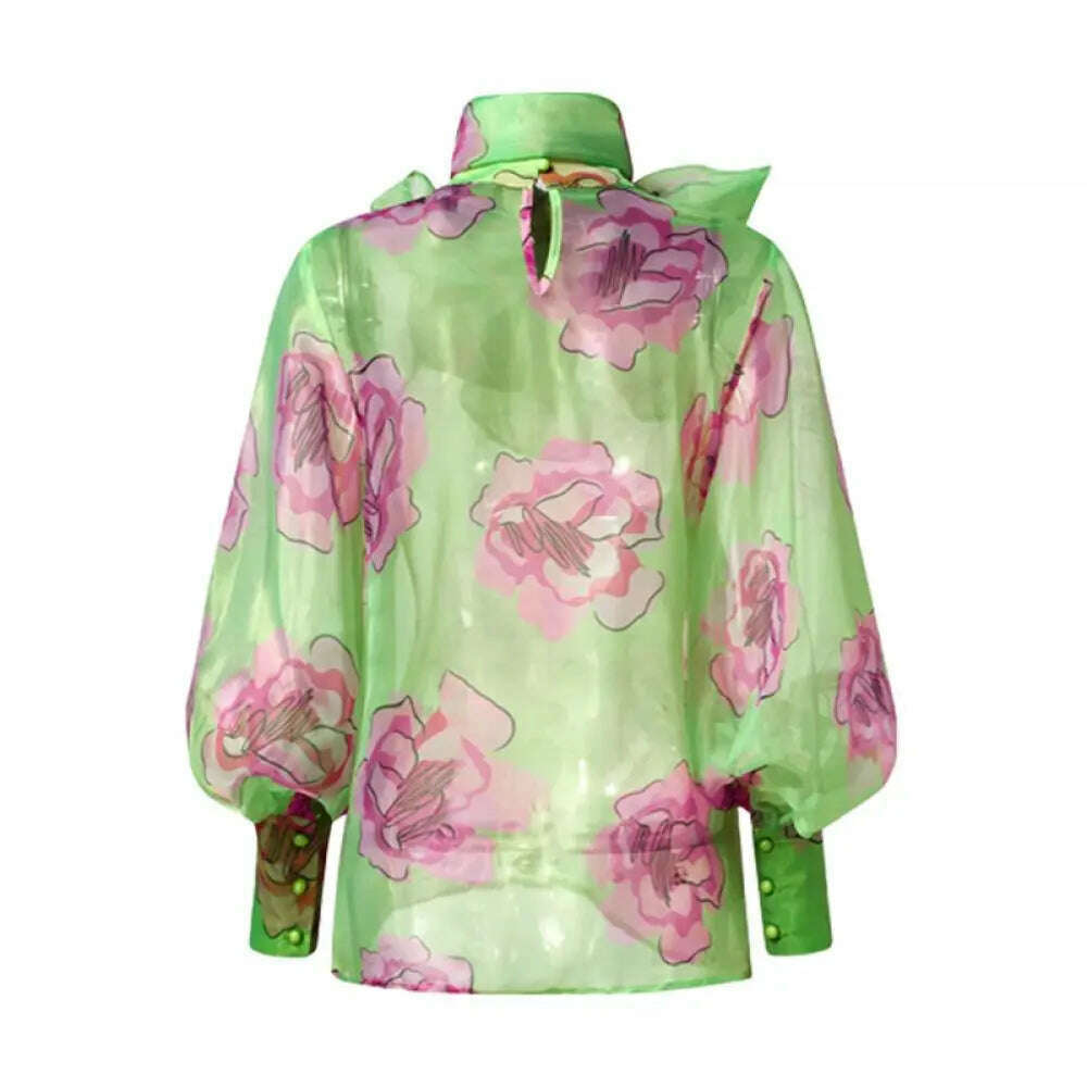Yeezzi Women Stylish Bow-Embellished Floral Printed See-Through Stand Collar Blouses 2023 Summer Loose Puff Sleeves Shirts Tops - KIMLUD