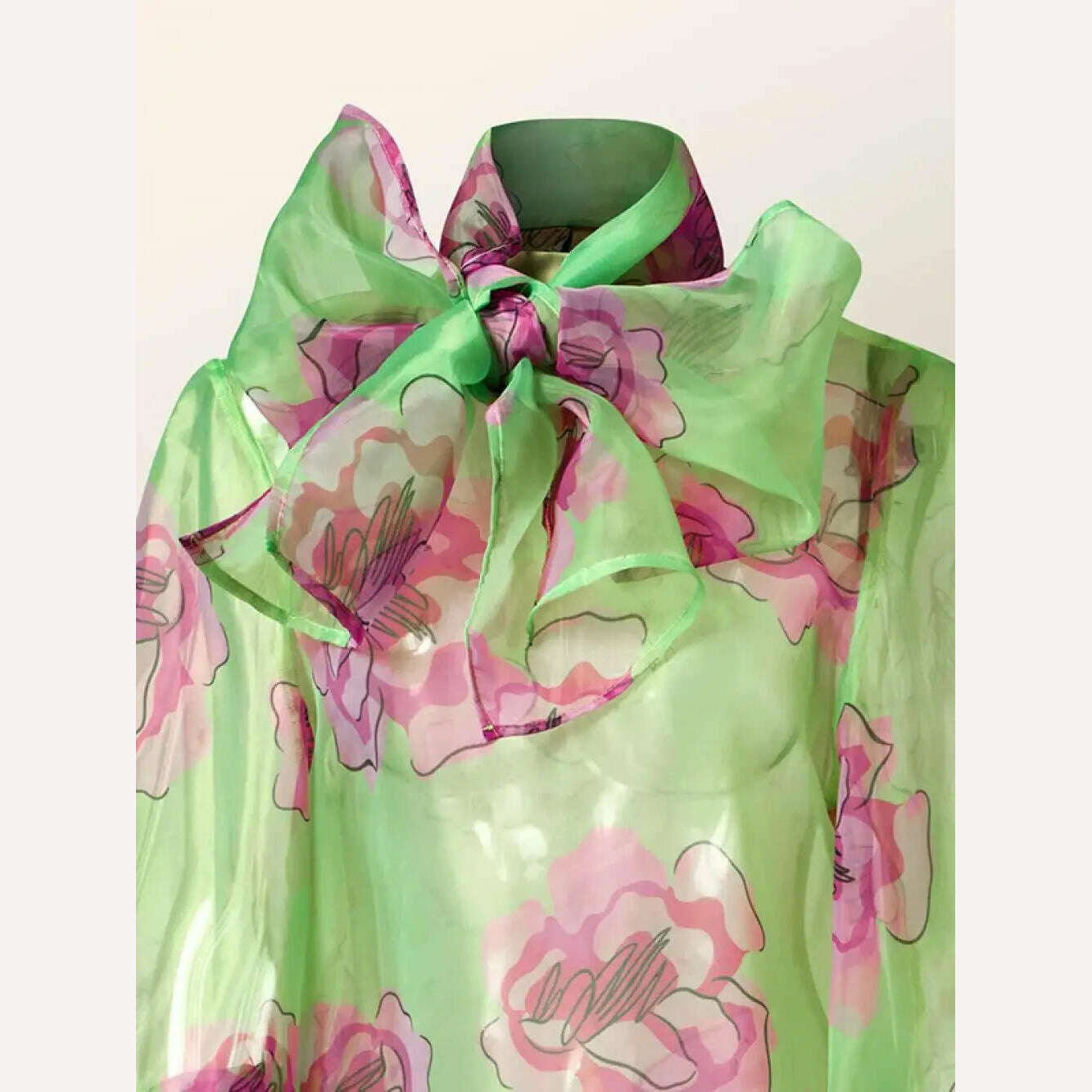 Yeezzi Women Stylish Bow-Embellished Floral Printed See-Through Stand Collar Blouses 2023 Summer Loose Puff Sleeves Shirts Tops - KIMLUD