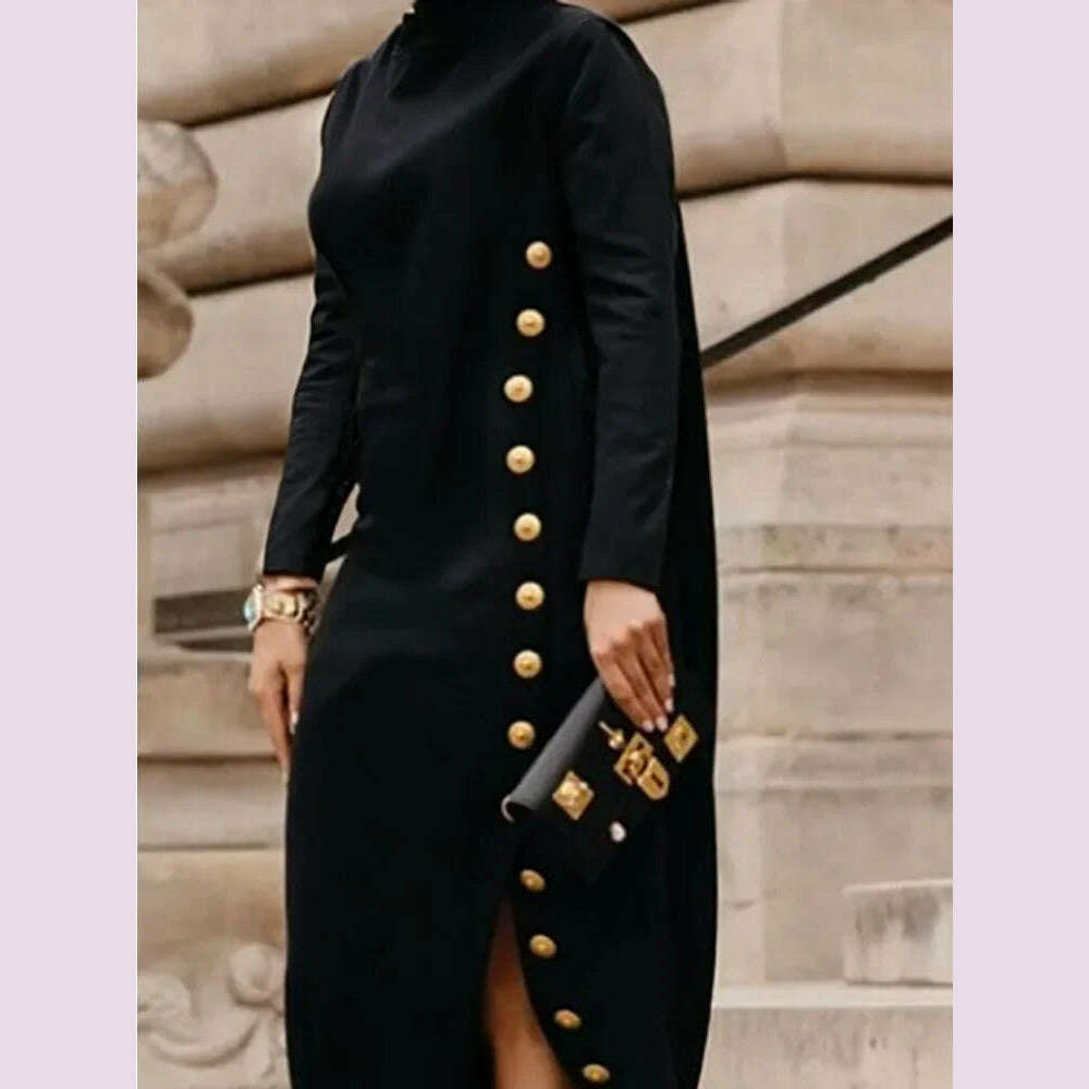 Yeezzi Women's Fashion Buttoned Split-Side High Neck Black Dress 2024 New Long Sleeves Loose Urban Office Commute Maxi Dresses - KIMLUD