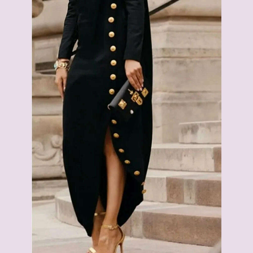 Yeezzi Women's Fashion Buttoned Split-Side High Neck Black Dress 2024 New Long Sleeves Loose Urban Office Commute Maxi Dresses - KIMLUD
