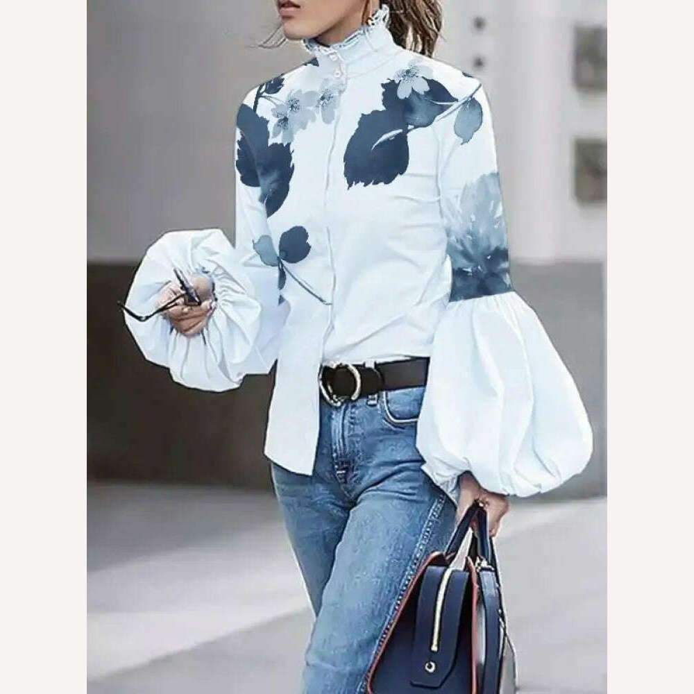 Yeezzi Women's Fashion Puff Sleeve Leaves Print High-Neck Blouses 2023 Spring Autumn Loose Buttoned Casual Shirts Tops For Women - KIMLUD