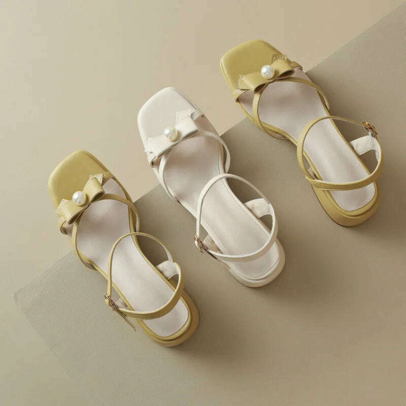 KIMLUD, Yellow Black Summer Women High Heel Shoes Fashion Butterfly Knot Buckle Women's Shoes PU Leather Comfortable Square Heel Shoes, KIMLUD Womens Clothes
