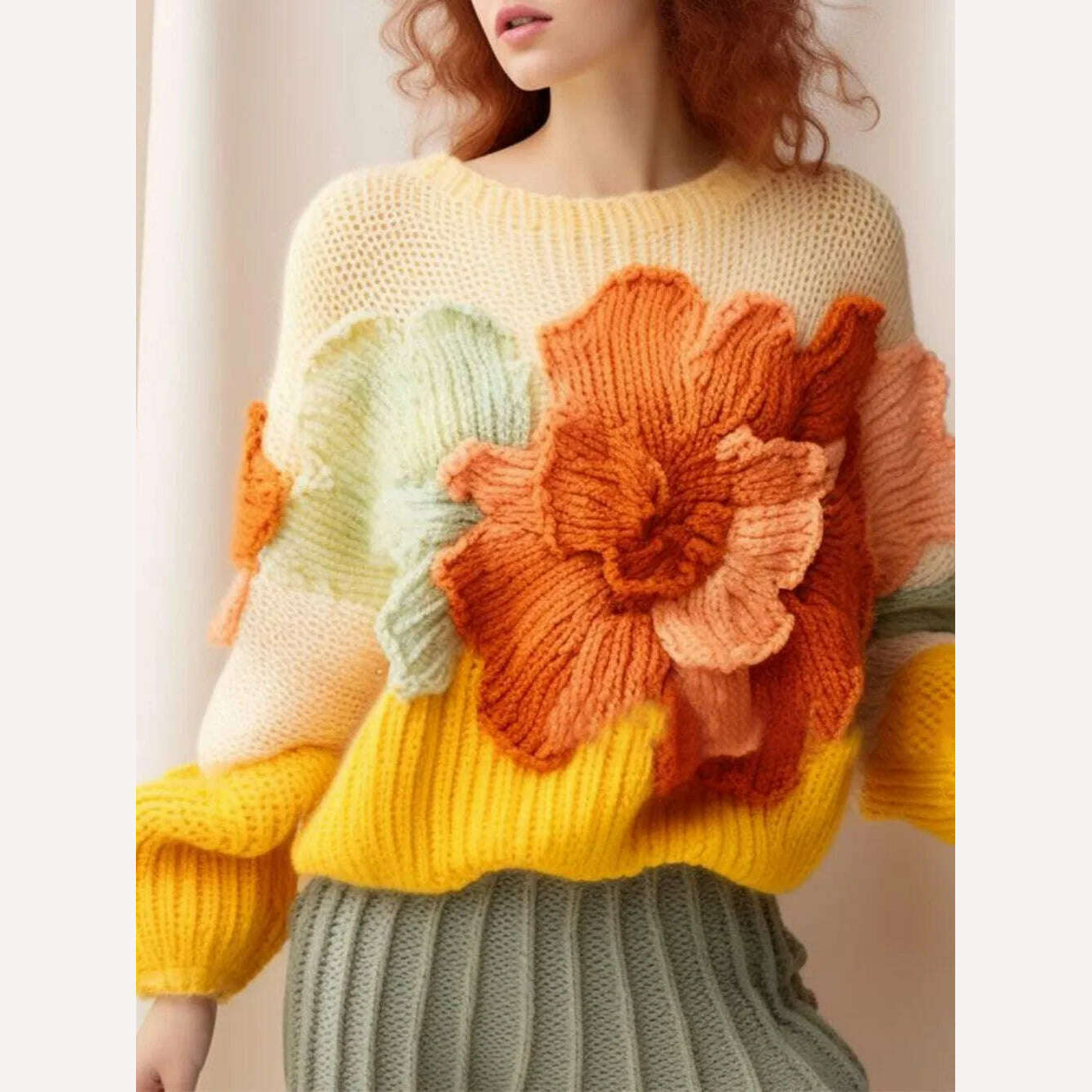 KIMLUD, Yellow Candy Color Vintage Knit Women's Tops Autumn Elegant Aggressive Loose 3D Flower Pullover Women's, 1 / S, KIMLUD Women's Clothes
