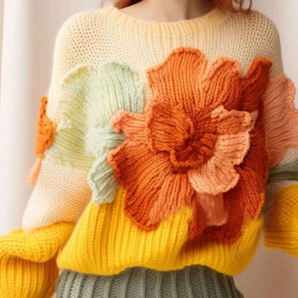 KIMLUD, Yellow Candy Color Vintage Knit Women's Tops Autumn Elegant Aggressive Loose 3D Flower Pullover Women's, KIMLUD Womens Clothes
