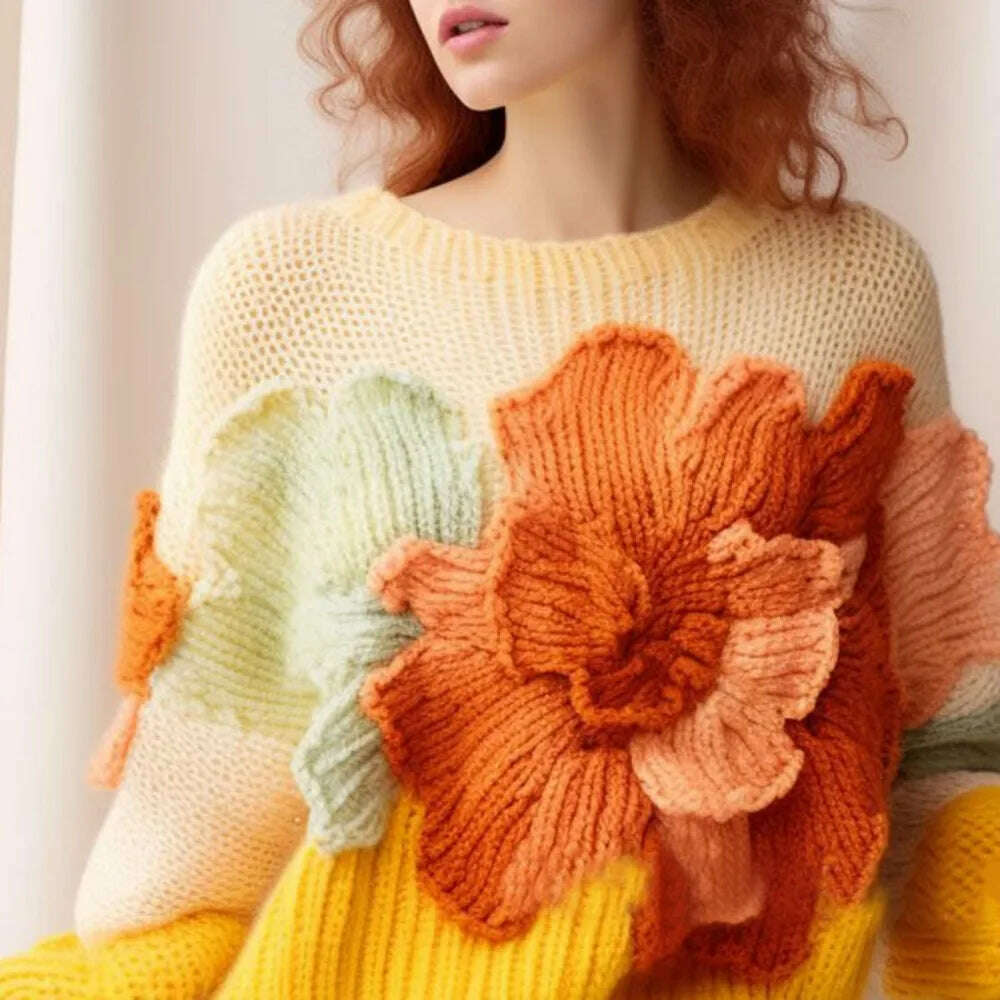 KIMLUD, Yellow Candy Color Vintage Knit Women's Tops Autumn Elegant Aggressive Loose 3D Flower Pullover Women's, KIMLUD Womens Clothes