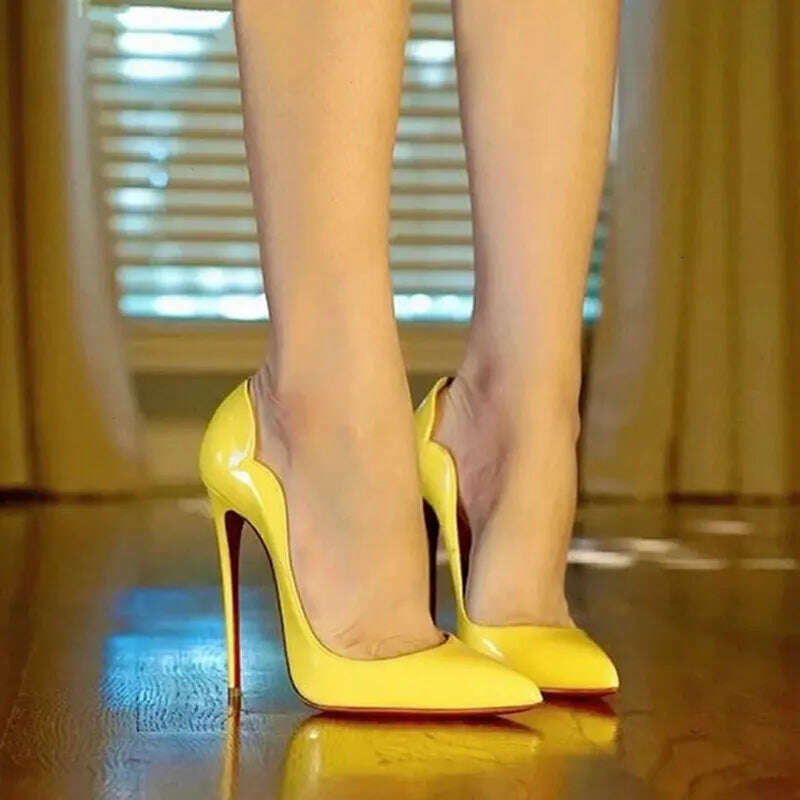 Yellow Curl Upper Women Patent Pointed Toe Stiletto 12cm High Heels Sexy Ladies Party Dress Shoes Club Dance Pumps Plus Size - KIMLUD