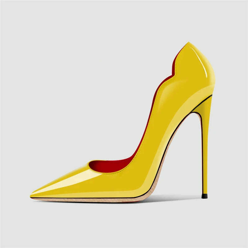 KIMLUD, Yellow Curl Upper Women Patent Pointed Toe Stiletto 12cm High Heels Sexy Ladies Party Dress Shoes Club Dance Pumps Plus Size, KIMLUD Womens Clothes