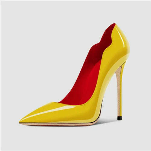 KIMLUD, Yellow Curl Upper Women Patent Pointed Toe Stiletto 12cm High Heels Sexy Ladies Party Dress Shoes Club Dance Pumps Plus Size, 12cm 2 / 4, KIMLUD Womens Clothes