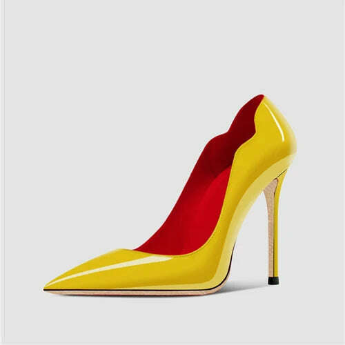 KIMLUD, Yellow Curl Upper Women Patent Pointed Toe Stiletto 12cm High Heels Sexy Ladies Party Dress Shoes Club Dance Pumps Plus Size, 10cm 2 / 4, KIMLUD Womens Clothes