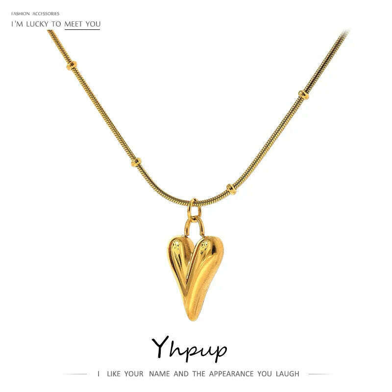 KIMLUD, Yhpup Temperament Heart Pendant Chain Necklace for Women Stainless Steel Stylish Choker 18 K Jewelry Waterproof Party Gift, KIMLUD Womens Clothes