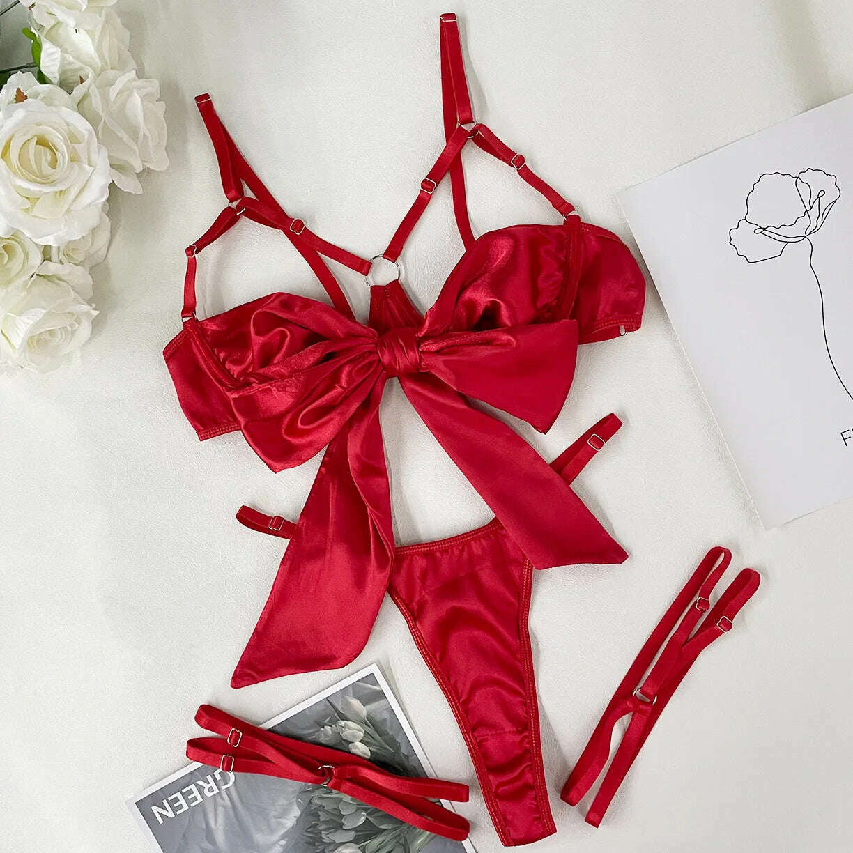 Yimunancy 3-Piece Cut Out Bow Lingerie Set 4 Colors Satin Cute Erotic Set Solid Brief Underwear Set Nightwear - KIMLUD