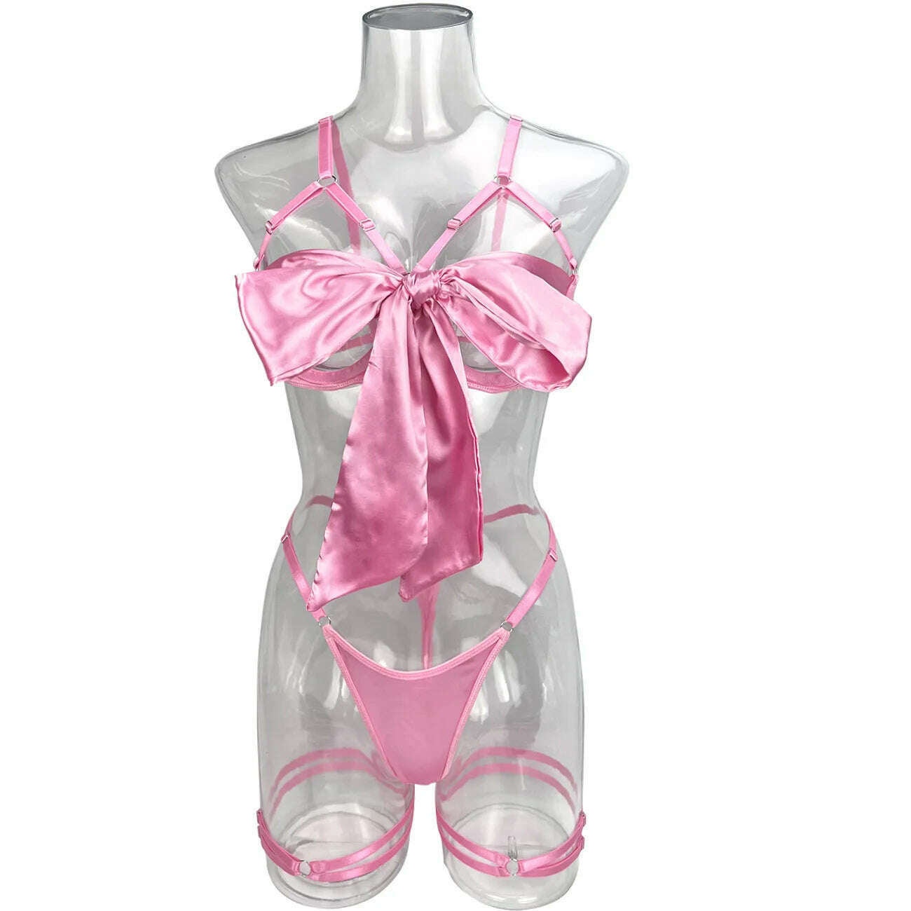 Yimunancy 3-Piece Cut Out Bow Lingerie Set 4 Colors Satin Cute Erotic Set Solid Brief Underwear Set Nightwear - KIMLUD