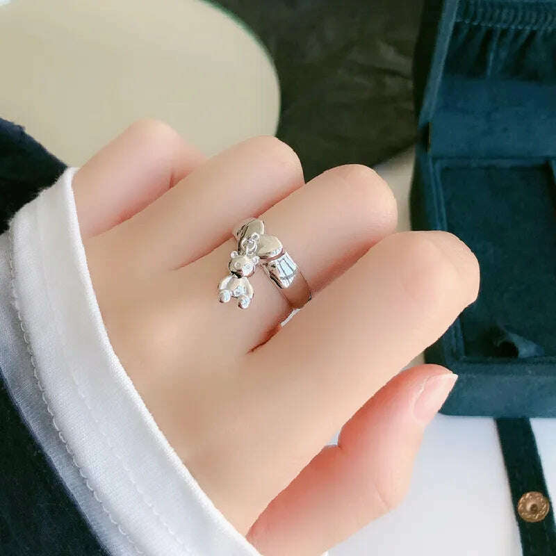 KIMLUD, YIZIZAI Ins Korean Cute Cartoon Mini Bear Ring for Lady Women Gold Silver Color Rings Pendant Jewelry Anillo Wholesale price Hot, silver, KIMLUD Women's Clothes
