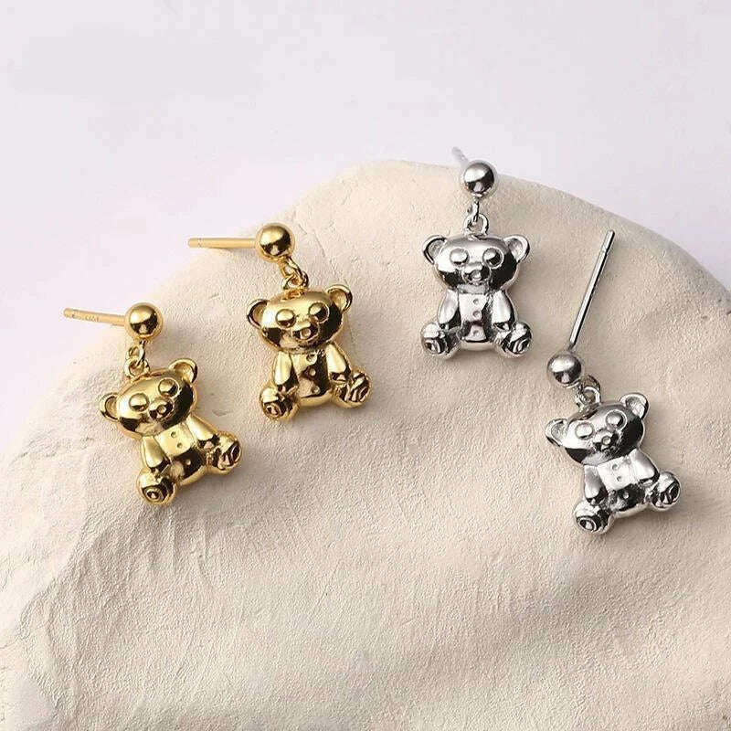 KIMLUD, YIZIZAI New Japanese Sweet and Cute Bear Earring for Women Simple Cartoon MINI Bear Studs Silver Plated Jewellry Friendship Gift, KIMLUD Women's Clothes