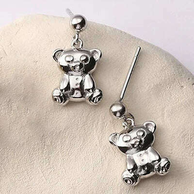 KIMLUD, YIZIZAI New Japanese Sweet and Cute Bear Earring for Women Simple Cartoon MINI Bear Studs Silver Plated Jewellry Friendship Gift, Silver, KIMLUD Womens Clothes