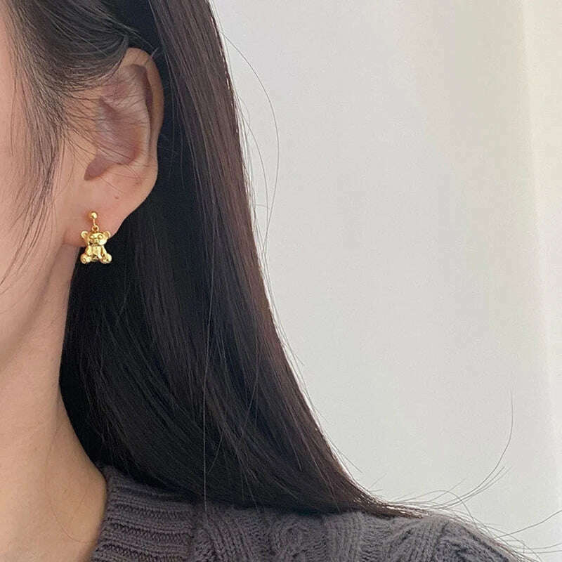 KIMLUD, YIZIZAI New Japanese Sweet and Cute Bear Earring for Women Simple Cartoon MINI Bear Studs Silver Plated Jewellry Friendship Gift, KIMLUD Womens Clothes