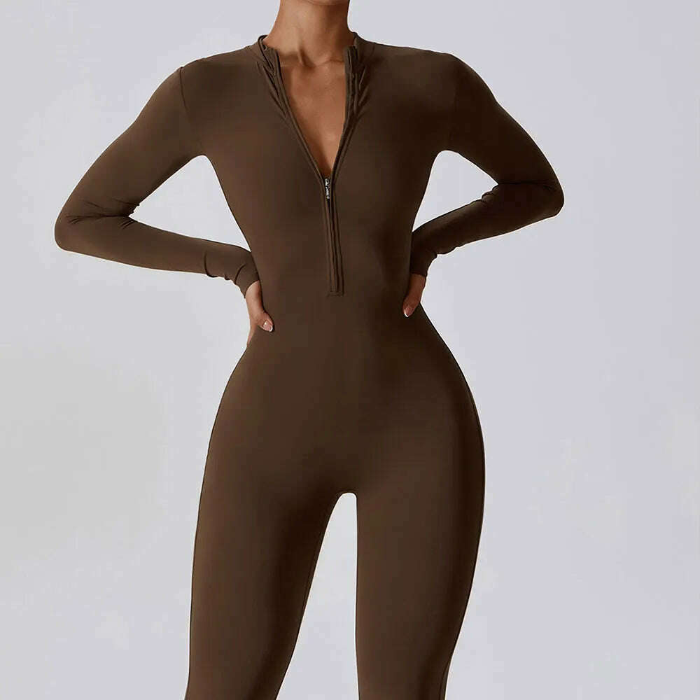 Yoga Boilersuit Long Sleeved Women's Sportswear Gym Zipper Jumpsuits Workout High-intensity Fitness One-piece Skin-tight Garment - KIMLUD