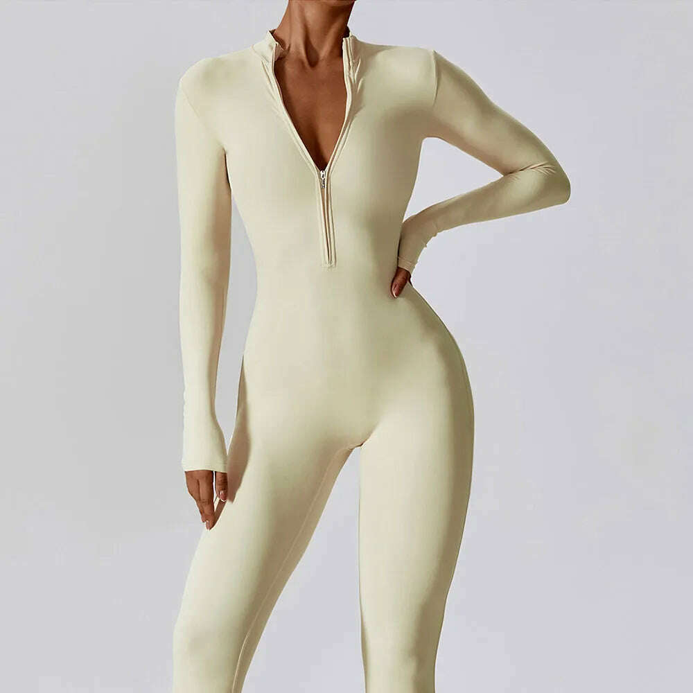 KIMLUD, Yoga Boilersuit Long Sleeved Women's Sportswear Gym Zipper Jumpsuits Workout High-intensity Fitness One-piece Skin-tight Garment, KIMLUD Women's Clothes