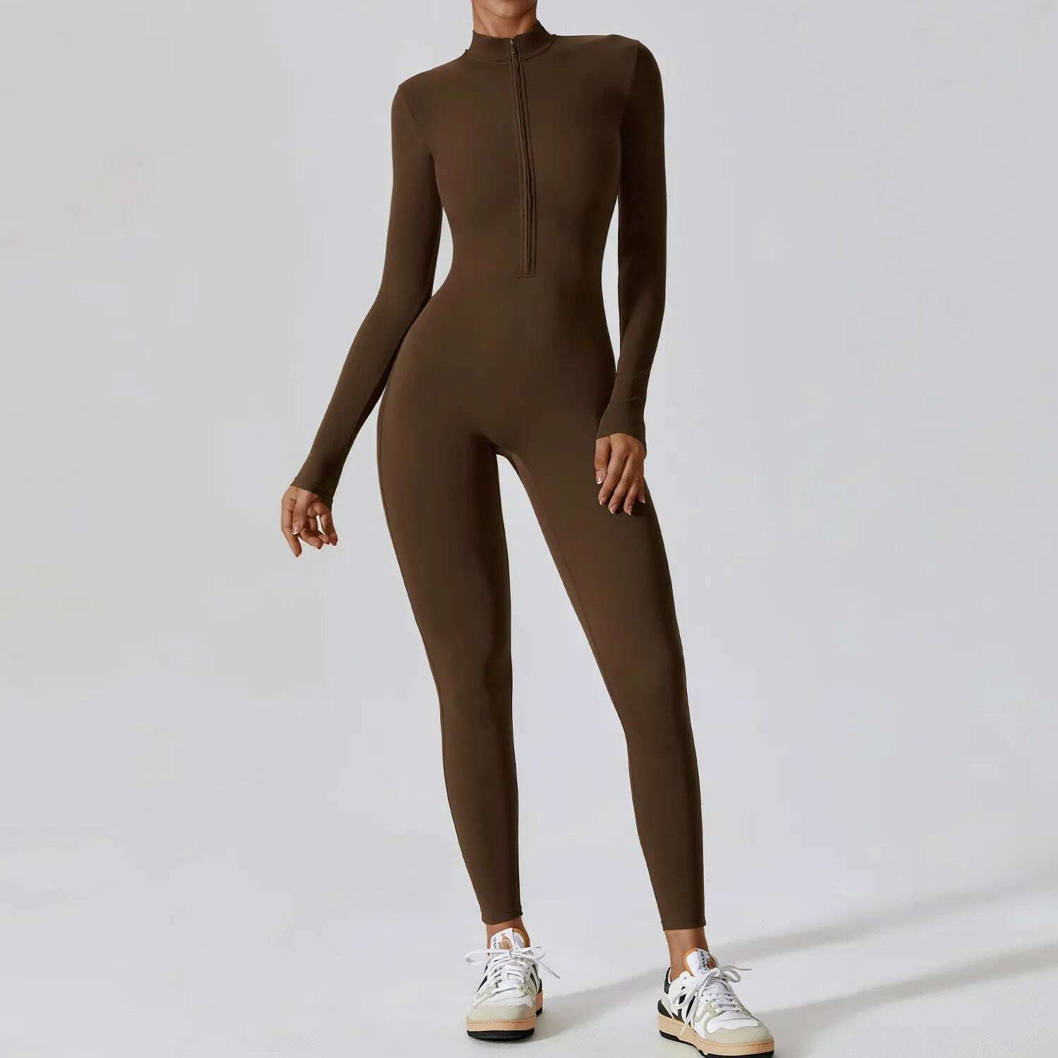KIMLUD, Yoga Boilersuit Long Sleeved Women's Sportswear Gym Zipper Jumpsuits Workout High-intensity Fitness One-piece Skin-tight Garment, Jiaocha Coffee / S / CHINA, KIMLUD Women's Clothes