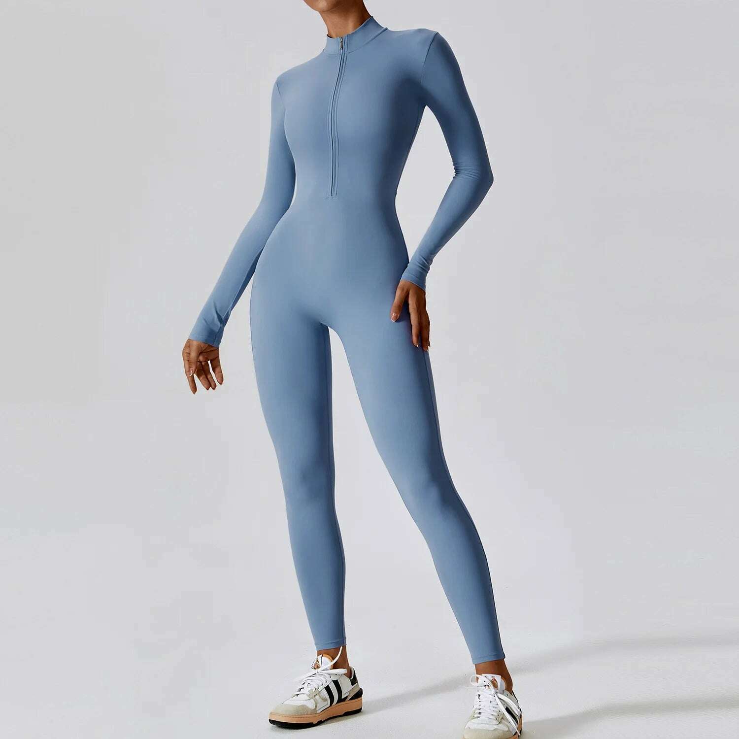 KIMLUD, Yoga Boilersuit Long Sleeved Women's Sportswear Gym Zipper Jumpsuits Workout High-intensity Fitness One-piece Skin-tight Garment, Haze Blue / S / CHINA, KIMLUD Women's Clothes