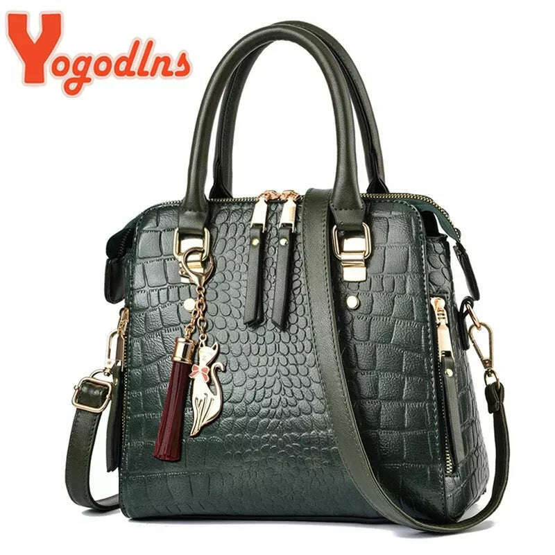 KIMLUD, Yogodlns Luxury Crocodile Pattern Handbag Women Winter New PU Leather Tassel Shoulder Bag Brands Design Handle Bag Lady Purse, KIMLUD Women's Clothes