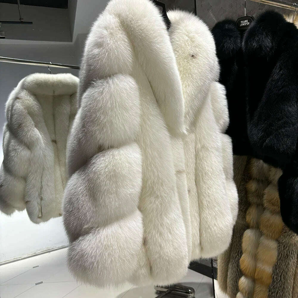 KIMLUD, YOLOAgain Women's Luxury White Fox Fur Coat 2024 Winter Warm Real Fox Fur Jacket, KIMLUD Womens Clothes
