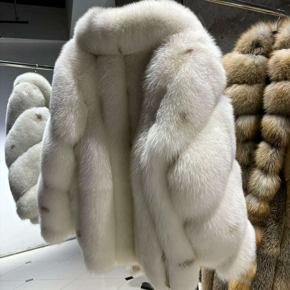 KIMLUD, YOLOAgain Women's Luxury White Fox Fur Coat 2024 Winter Warm Real Fox Fur Jacket, KIMLUD Womens Clothes