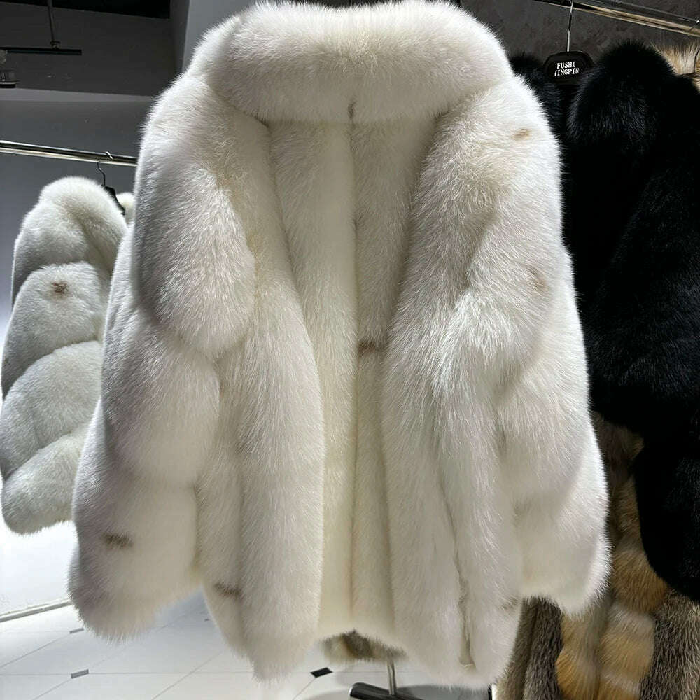 KIMLUD, YOLOAgain Women's Luxury White Fox Fur Coat 2024 Winter Warm Real Fox Fur Jacket, KIMLUD Womens Clothes