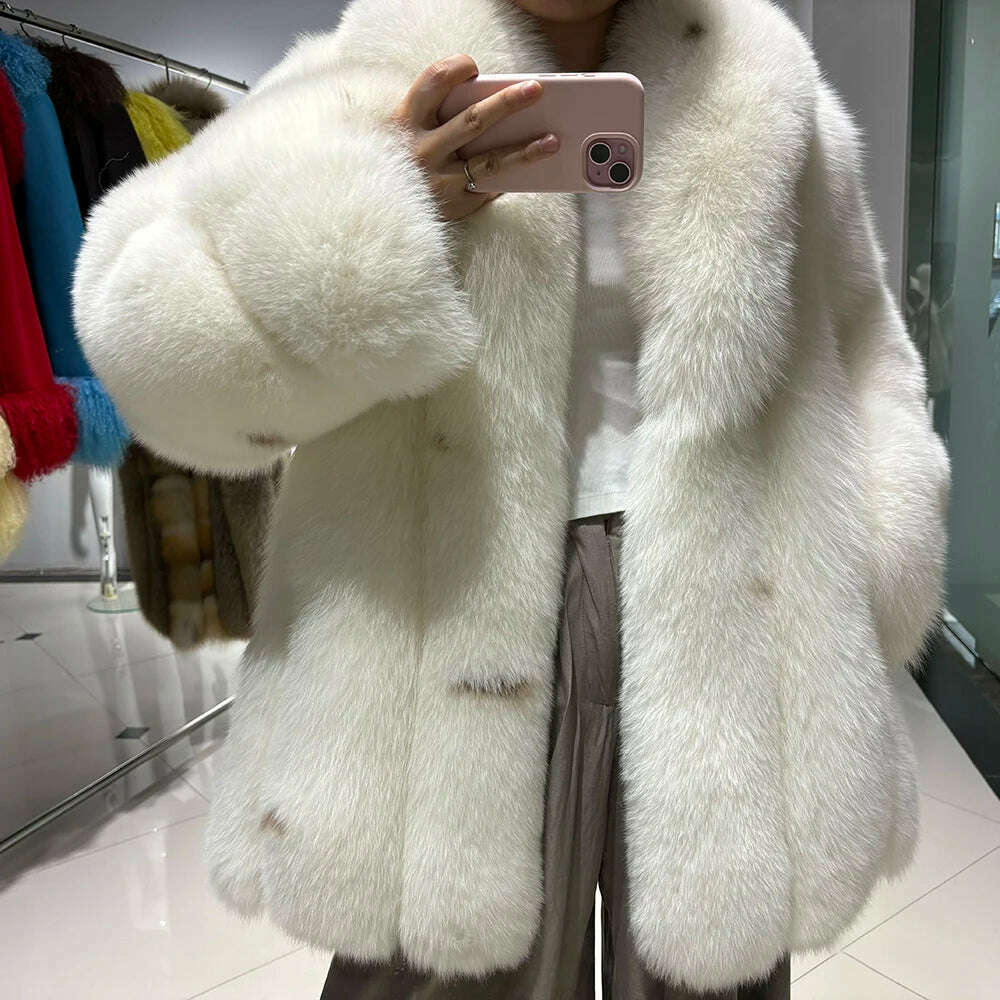 KIMLUD, YOLOAgain Women's Luxury White Fox Fur Coat 2024 Winter Warm Real Fox Fur Jacket, KIMLUD Womens Clothes