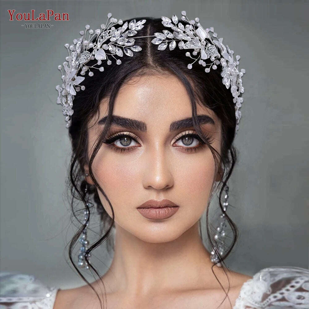 KIMLUD, YouLaPan Alloy Leaves Headband Bridal Wedding Rhinestone Headwear Delicate Handmade Beaded Crystal Jewelry Hair Accessory HP272, KIMLUD Womens Clothes