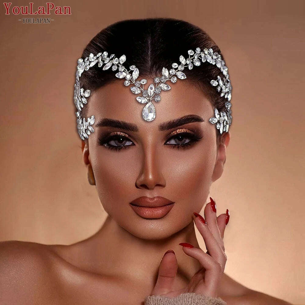 KIMLUD, YouLaPan Bride Forehead Headband Sparkling Rhinestone Headpieces For Wedding Women Prom Party Head Jewelry Accessories HP599, KIMLUD Womens Clothes