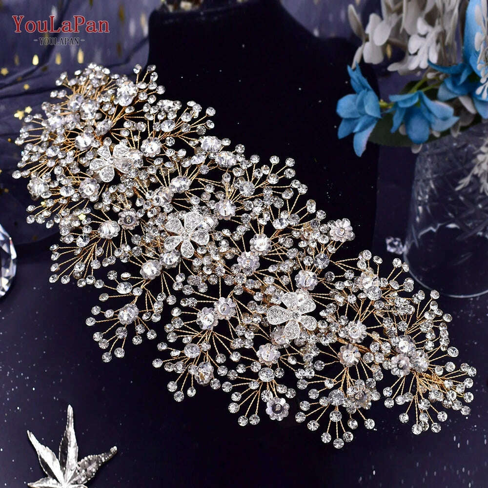 KIMLUD, YouLaPan Bride Forehead Headband Sparkling Rhinestone Headpieces For Wedding Women Prom Party Head Jewelry Accessories HP599, HP240-G, KIMLUD APPAREL - Womens Clothes