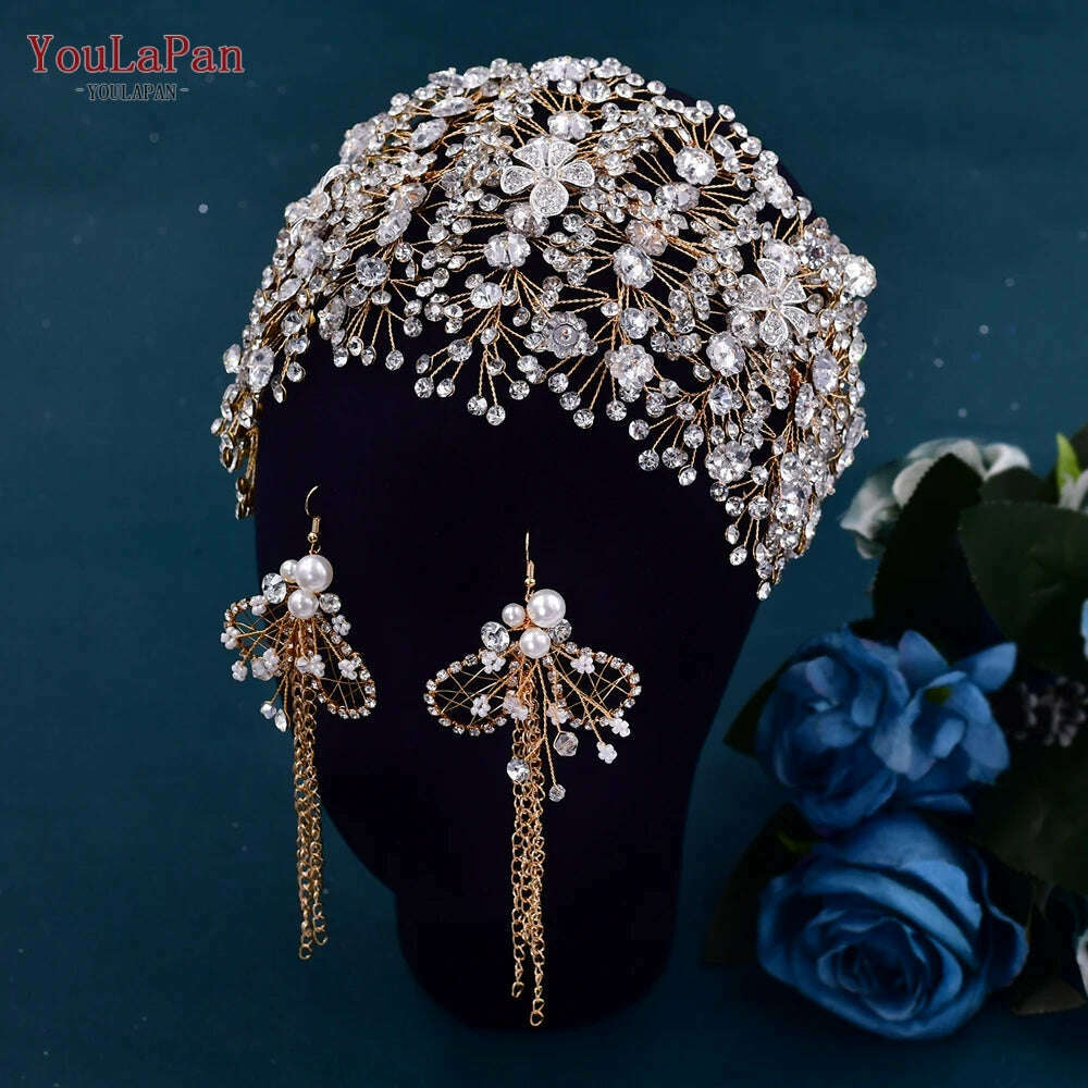KIMLUD, YouLaPan Bride Forehead Headband Sparkling Rhinestone Headpieces For Wedding Women Prom Party Head Jewelry Accessories HP599, HP240-G-set, KIMLUD APPAREL - Womens Clothes