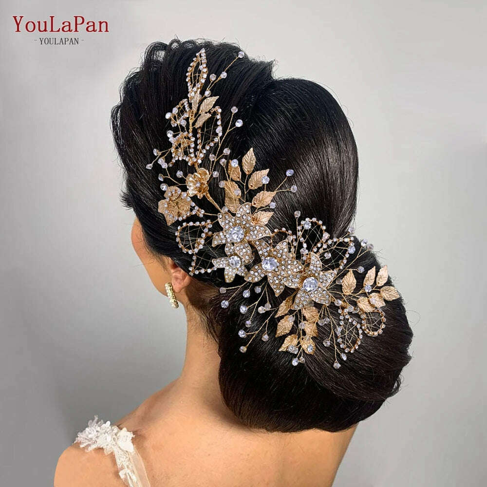 YouLaPan HP282 Wedding Headband Alloy Flower Leaf Hair Tiara Rhinestone Headpiece Bridal Headwear Hair Accessories Head Jewelry - KIMLUD