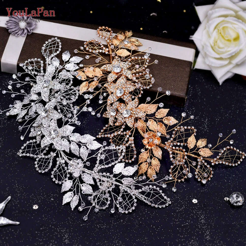 YouLaPan HP282 Wedding Headband Alloy Flower Leaf Hair Tiara Rhinestone Headpiece Bridal Headwear Hair Accessories Head Jewelry - KIMLUD
