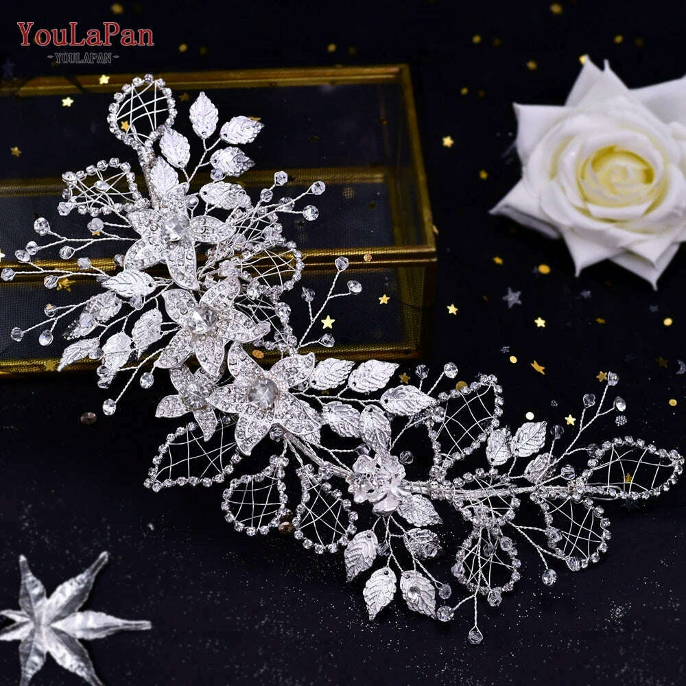 YouLaPan HP282 Wedding Headband Alloy Flower Leaf Hair Tiara Rhinestone Headpiece Bridal Headwear Hair Accessories Head Jewelry - KIMLUD