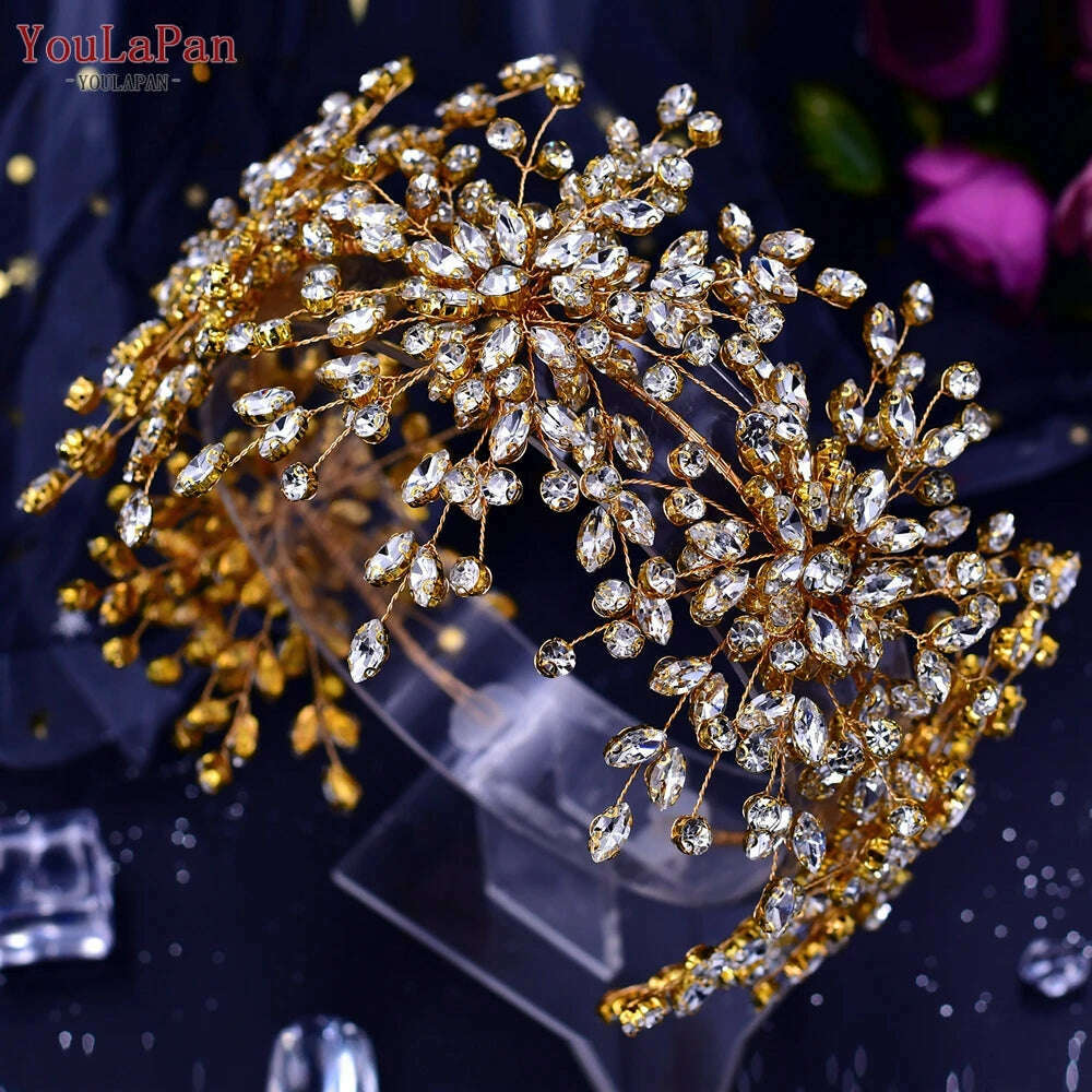 YouLaPan HP389 Bridal Tiara Rhinestone Woman Headband Wedding Hair Accessory Pageant Headwear Silver Gold Color Bride Headpiece - KIMLUD