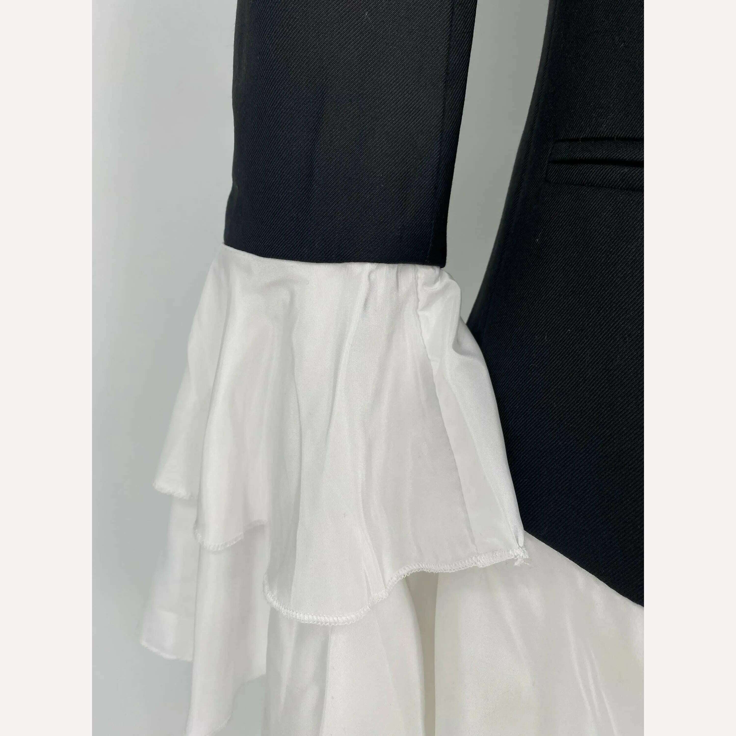 KIMLUD, Yuerwang Women Blazer Dress Lotus Ruffle Long Sleeve Long Patchworok Blazer Black White Coat Women Slim Suit Jacket 2022 New, KIMLUD Womens Clothes