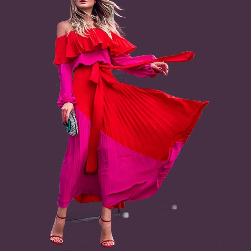 KIMLUD, yuerwang Women Dress Slash Off Shoulder Dresses Evening Party Dress Summer Bandage Long Sleeve Pleated Dress 2022, KIMLUD Womens Clothes