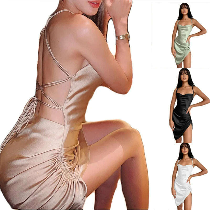Yuqung Women Satin Backless Lace Up Strap Ruched Drawstring Mini Dress Sexy Faux Silk Strapless Party Club Beach Short Dresses - KIMLUD